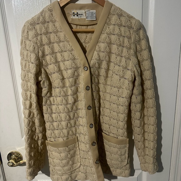 Retro Crochet Metallic Sweater Metallic Cardigan Sweater Set Crochet Cream - Picture 5 of 8